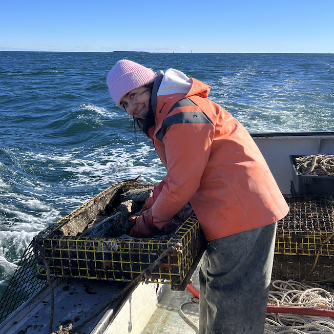 Michelle Brown on a fishing boat.